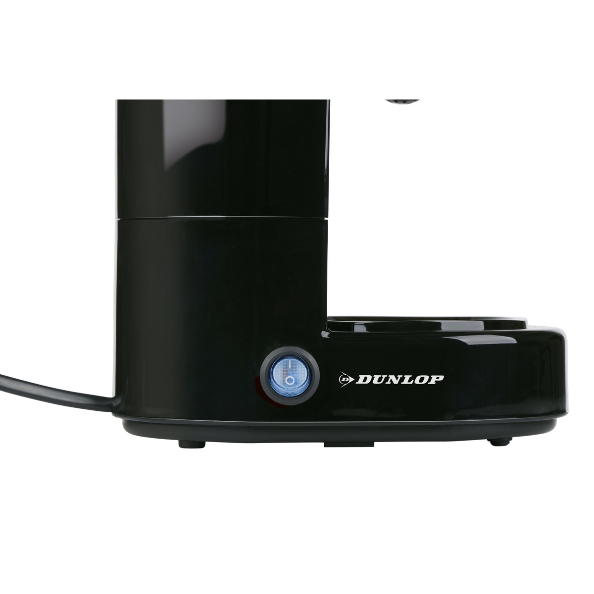 Black kettle with Dunlop logo and blue power switch.