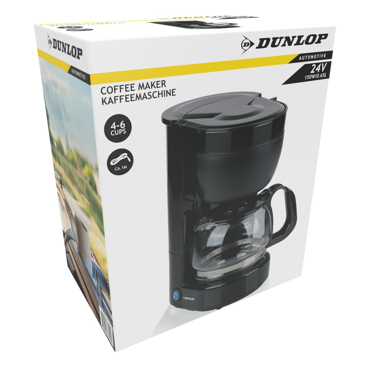 Black Dunlop coffee maker for 4-6 cups, 24V, 150W, 0.65L capacity.