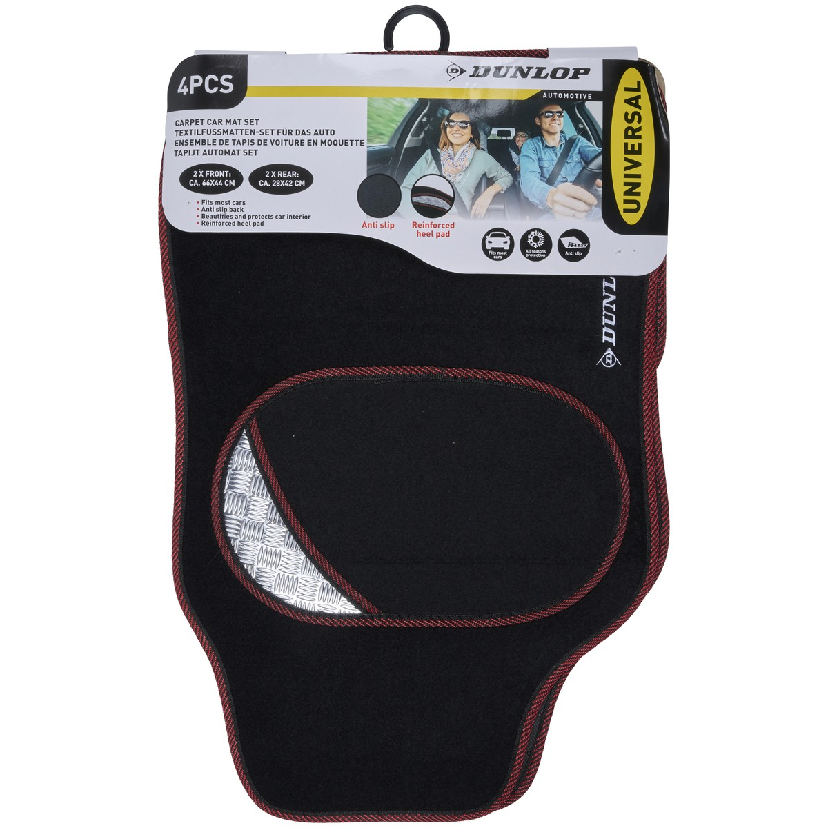 Zwarte Dunlop automatten set met rode rand, 4 stuks, universeel formaat.