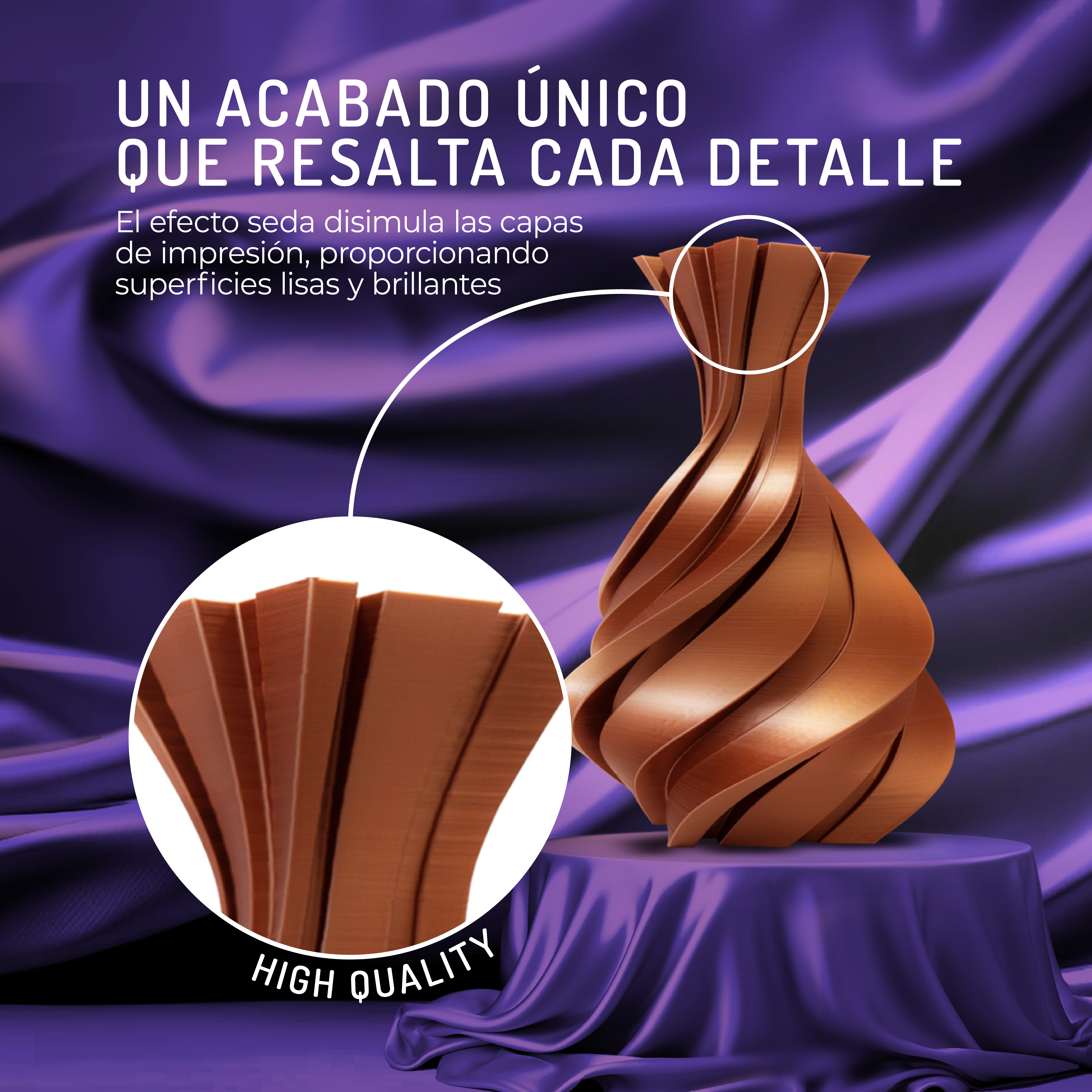 Un objeto marrón en espiral sobre tela morada. Primer plano muestra capas.