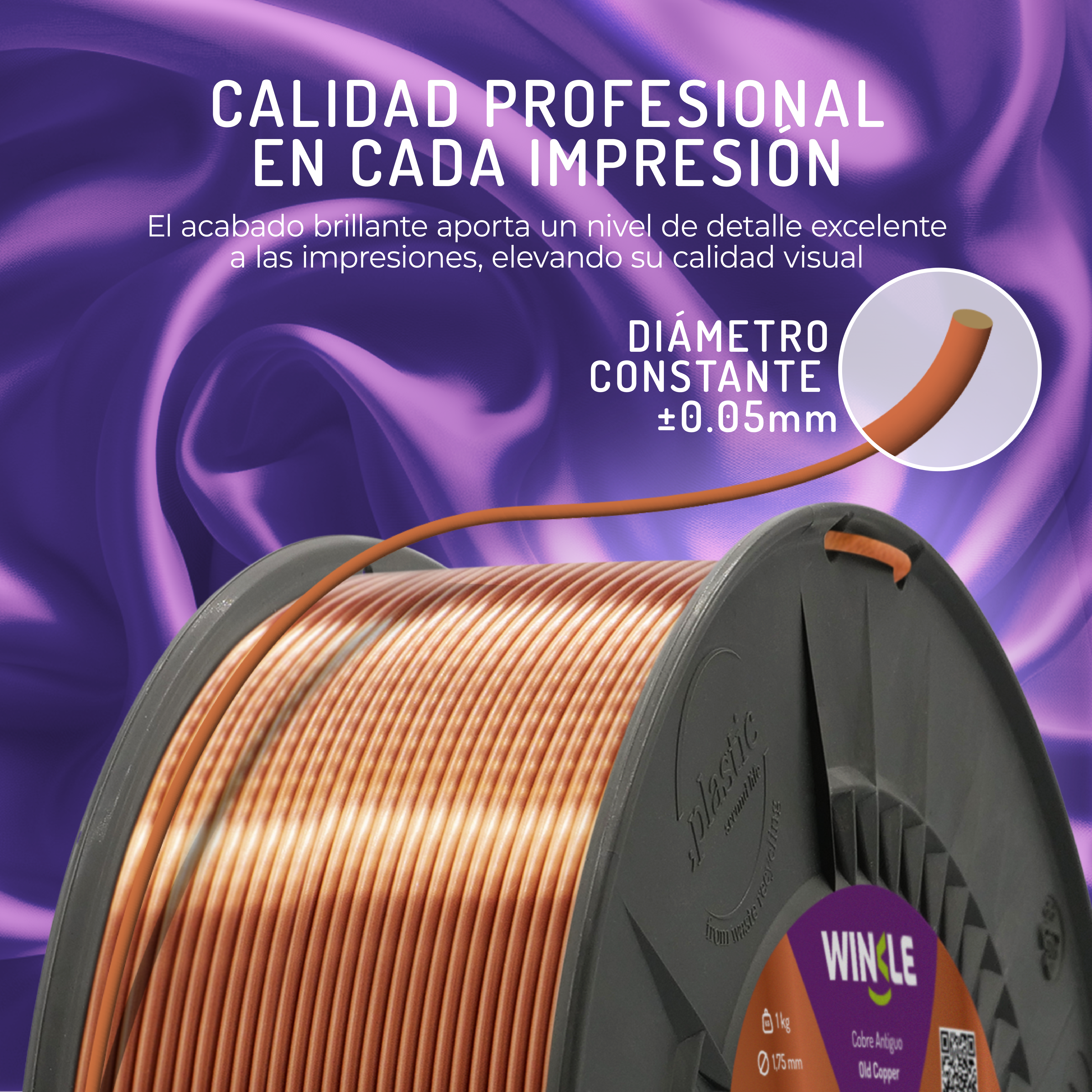 Bobina de filamento naranja sobre fondo morado.