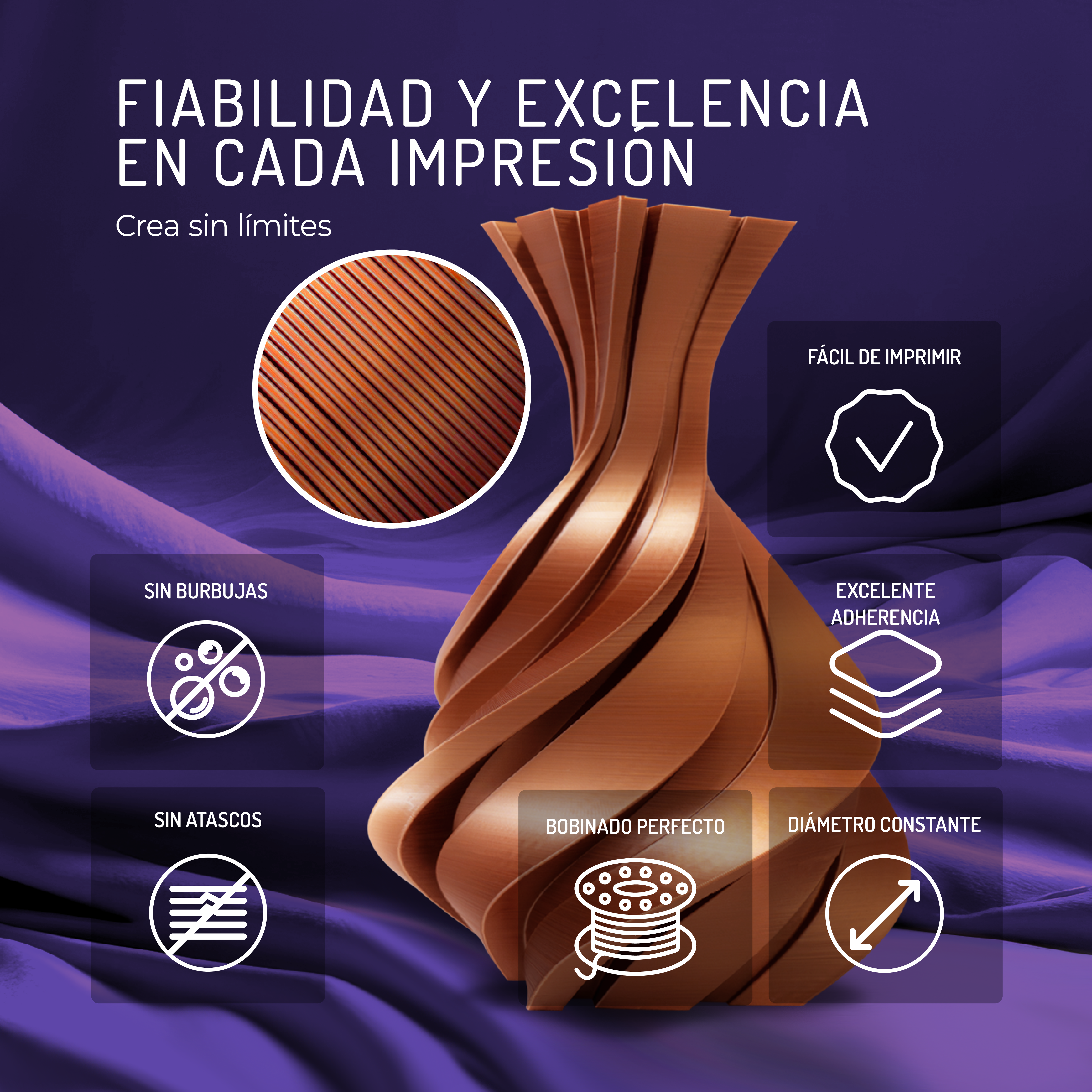 Filamento de impresión 3D con iconos de fácil uso, sin burbujas, sin atascos.