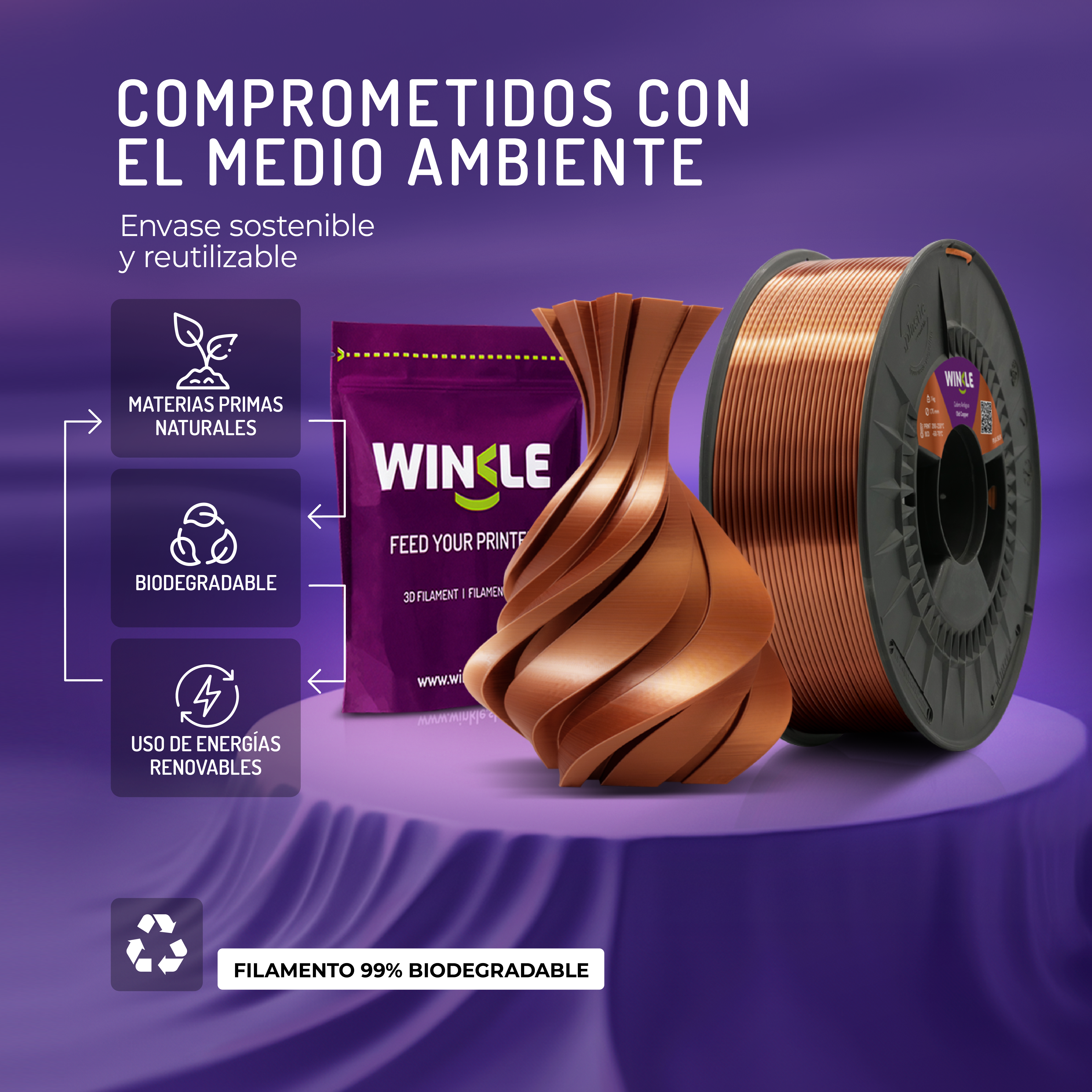 Un rollo de filamento de impresión 3D de cobre junto a un empaque y un jarrón.