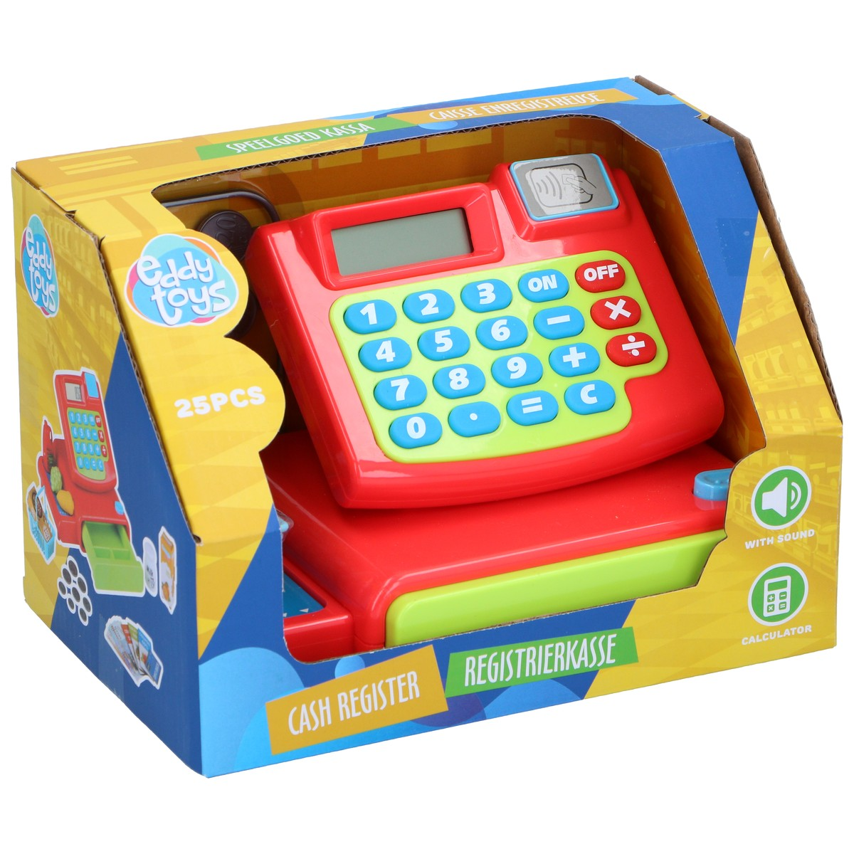 Red and green toy cash register with buttons and display in box.