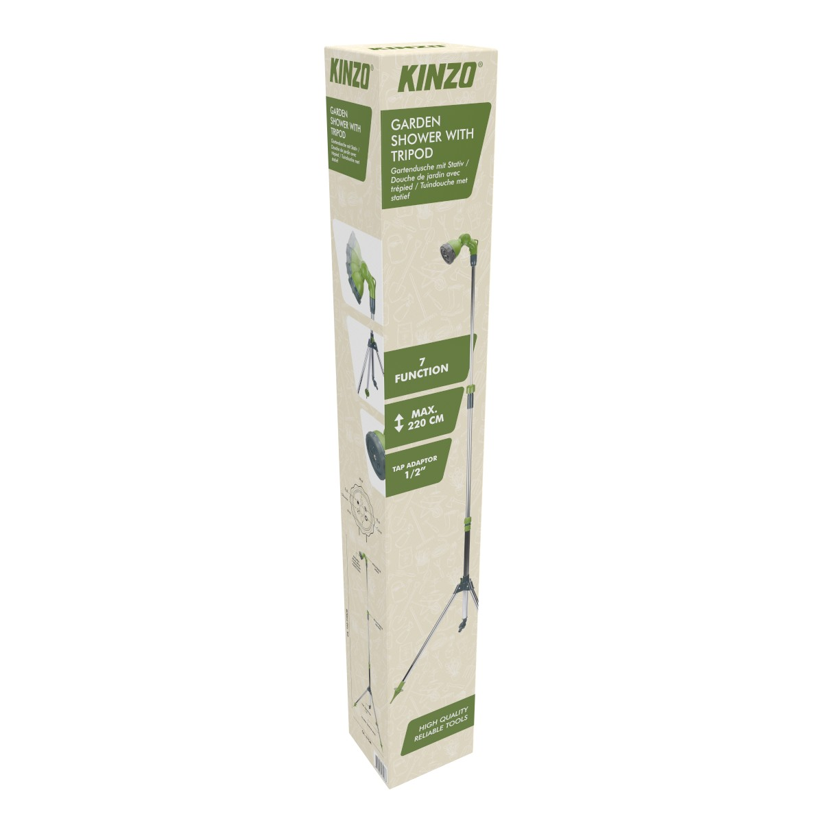 Verpakking van een Kinzo tuindouche met statief, 7 functies, max. 220 cm.
