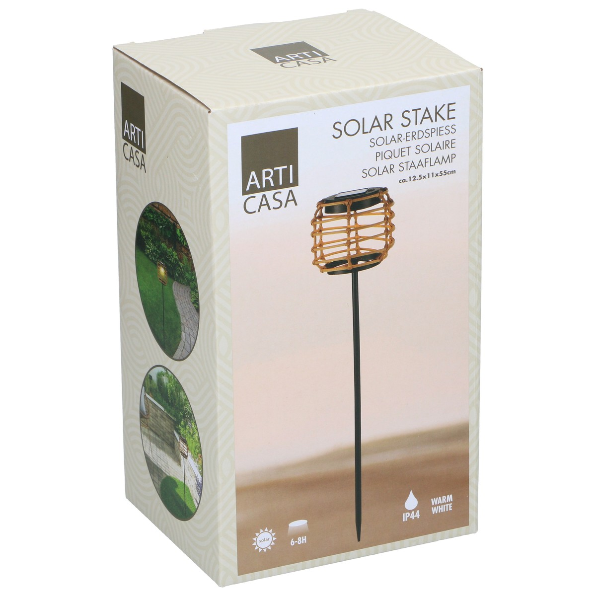 Packaging for a solar-powered garden stake light with woven design.