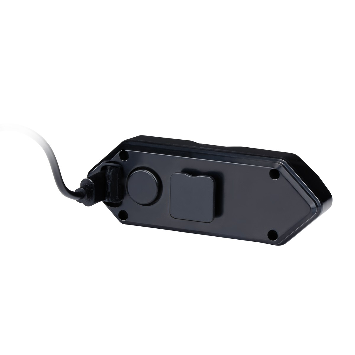 Black electronic device with a round button and a cable.