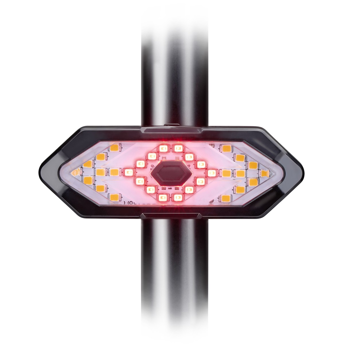 An arrow-shaped rear light with red and yellow LEDs, mounted on a pole.