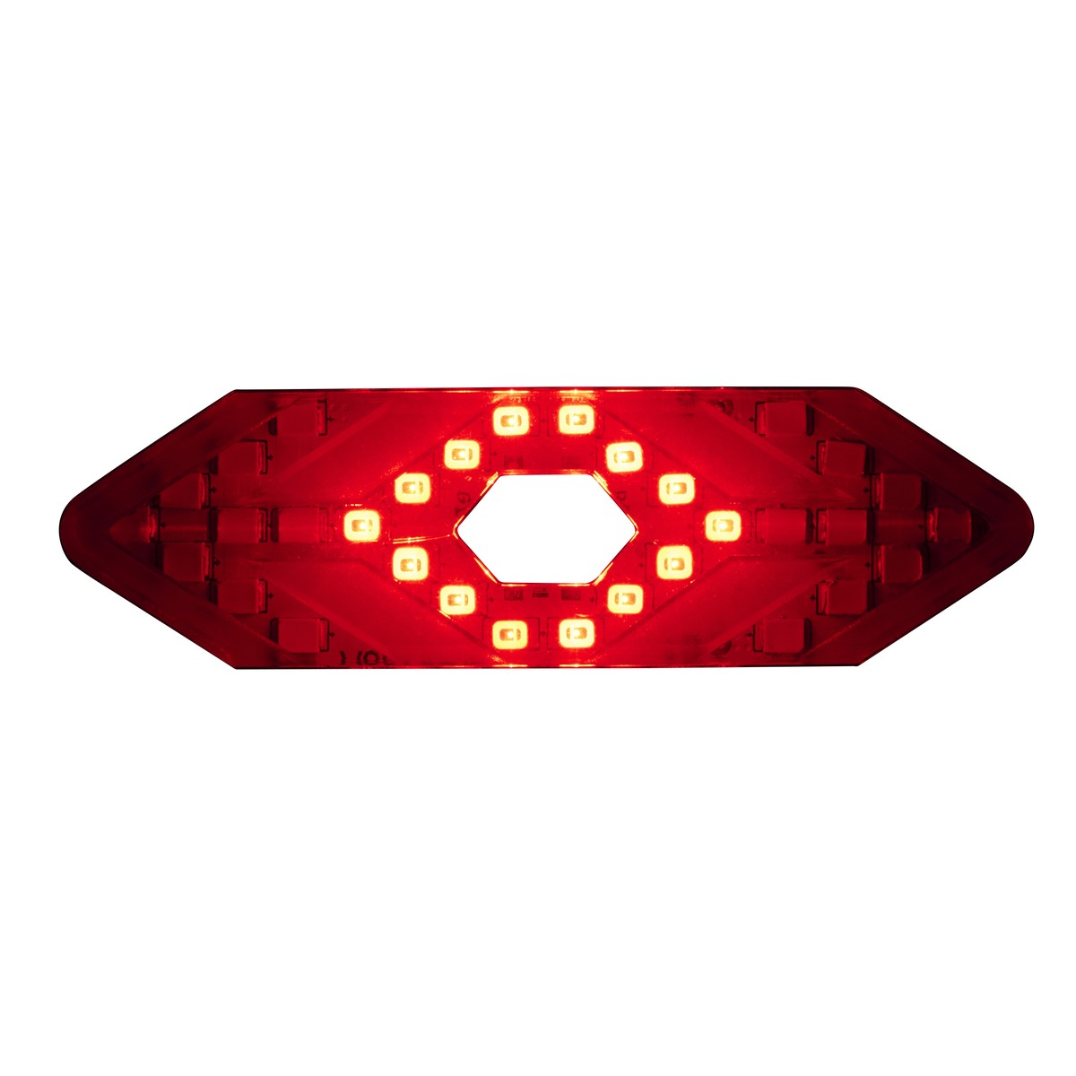 A red arrow-shaped LED taillight with a hexagonal cutout in the center.