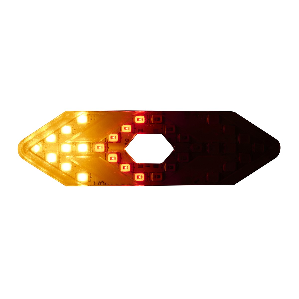 Arrow-shaped light with yellow and red LEDs, white hexagon in the center.
