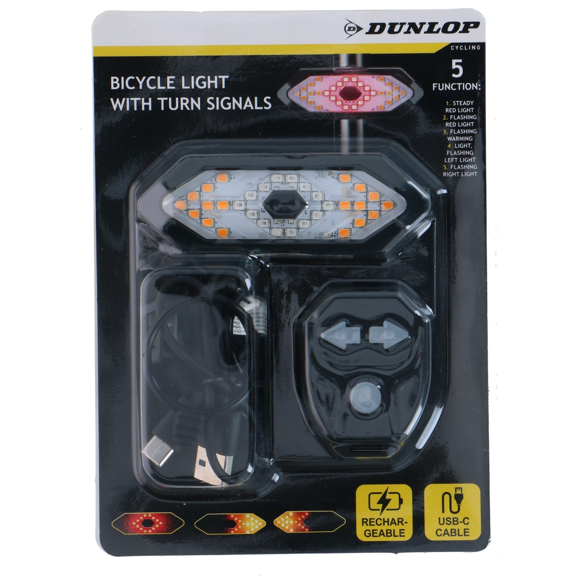Dunlop bicycle light with turn signals and remote, USB-C, rechargeable.