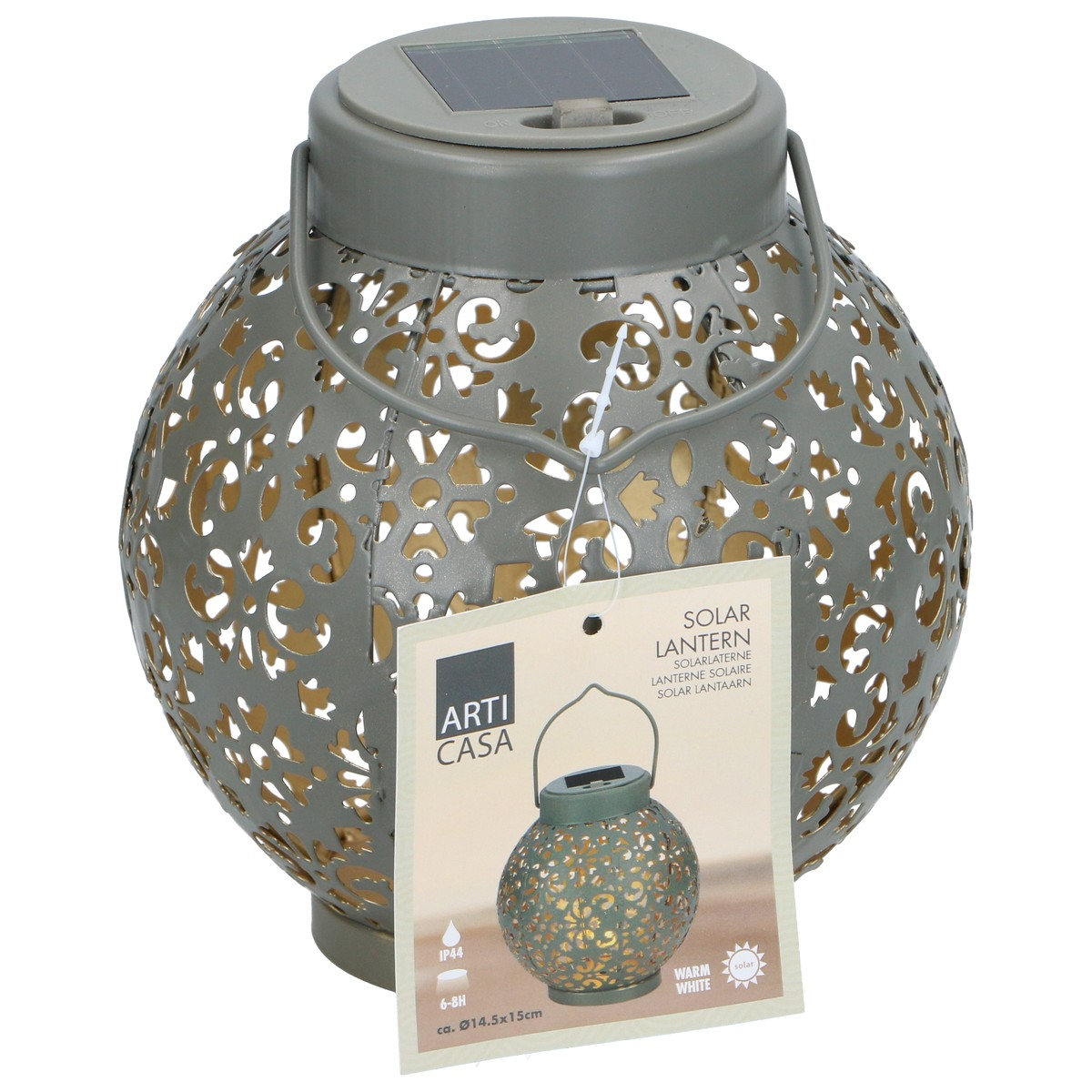 Gray solar lantern with intricate pattern and handle, on a white background.