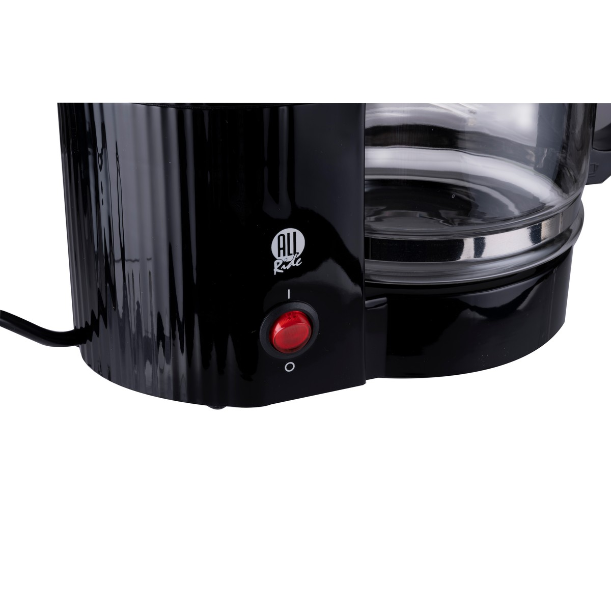 Close-up of a black coffee maker with a red button and glass carafe.