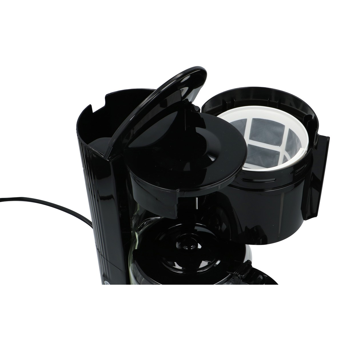 Black coffee maker with lid and filter basket open.