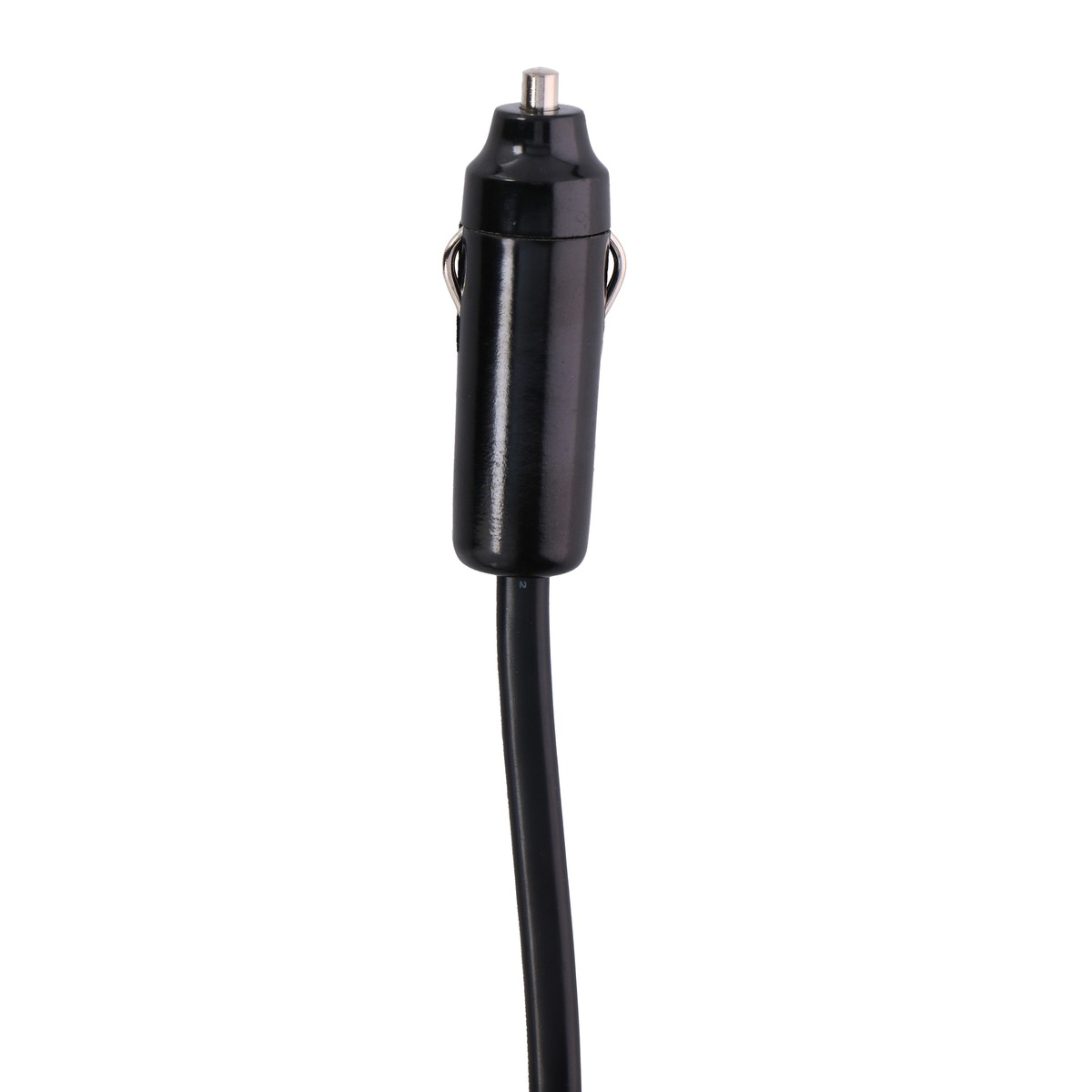 Black car cigarette lighter plug with cable on a white background.