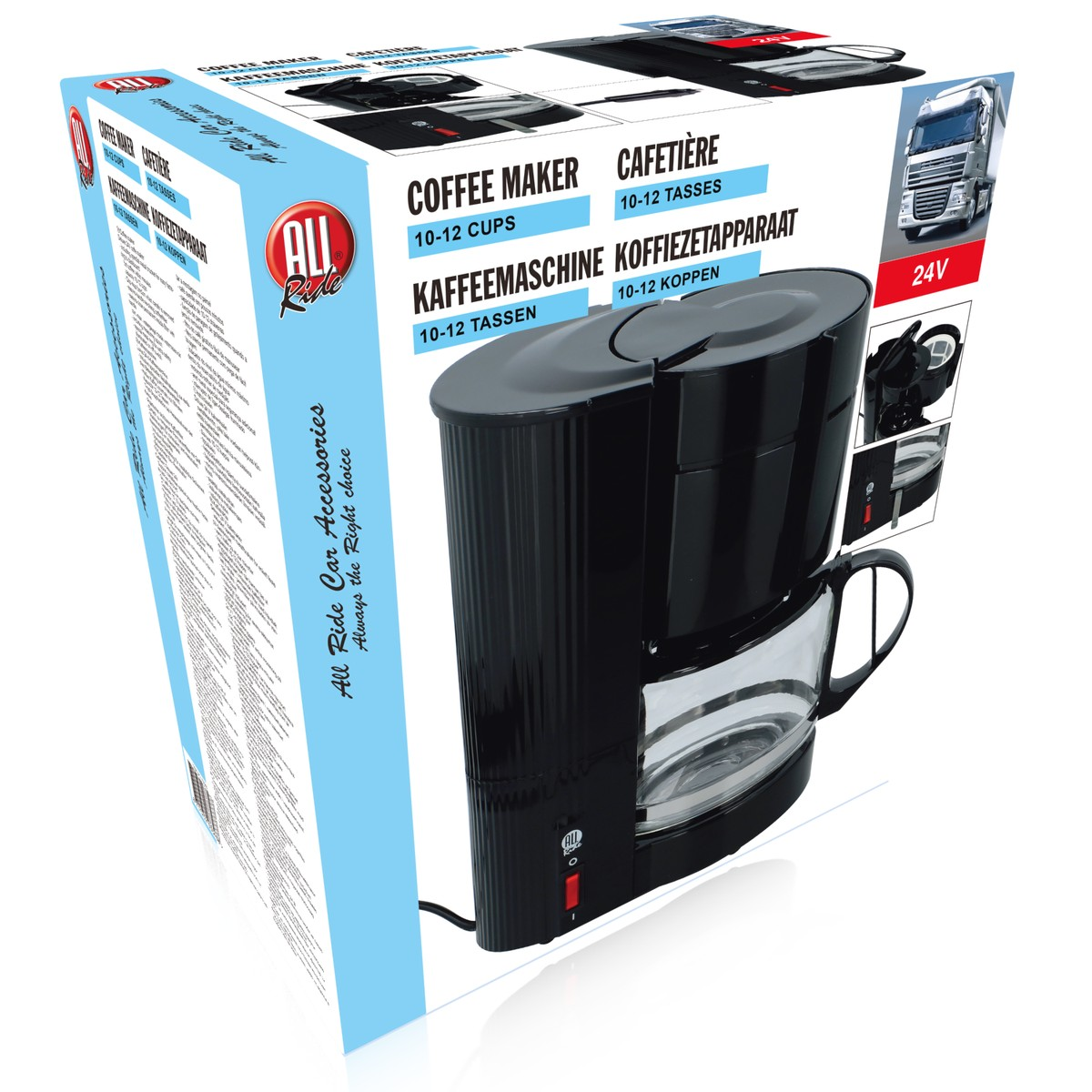 Black coffee maker box with coffee machine and truck image.