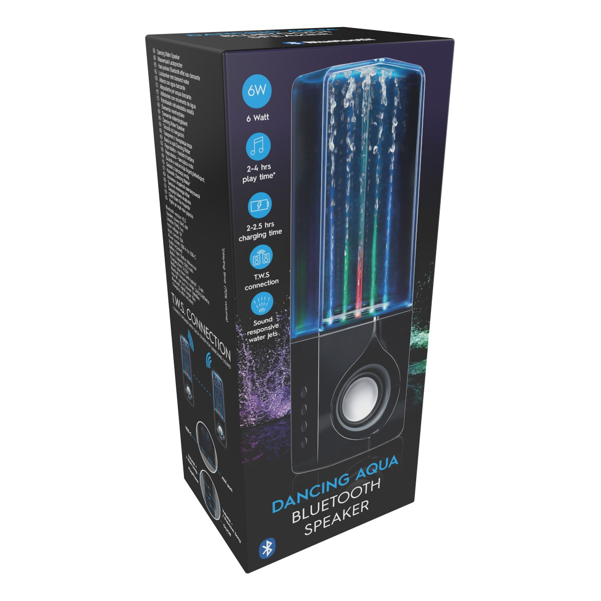 Box for a Bluetooth speaker with water jets and colored lights.