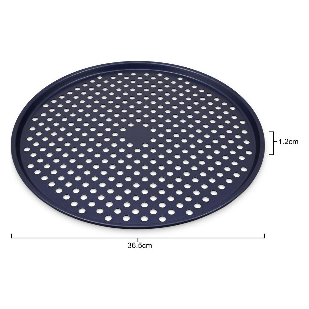 Dunkelblaue Pizzapfanne mit Löchern, 36,5 cm Durchmesser, 1,2 cm Höhe.