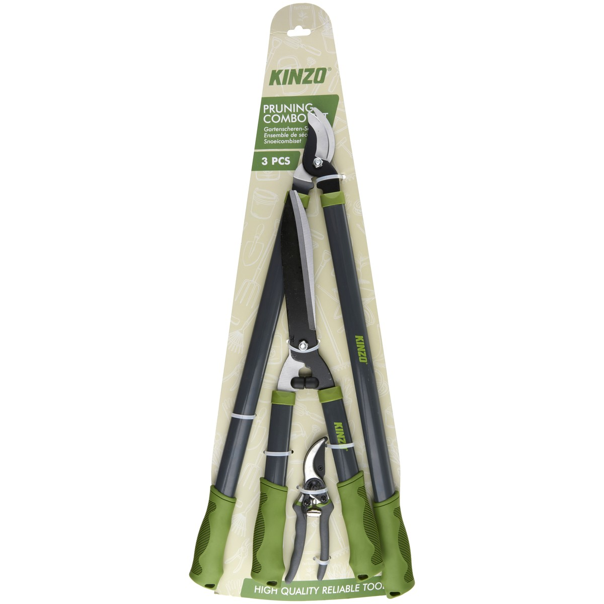 A Kinzo pruning combo set with 3 green and gray garden shears, packaged.