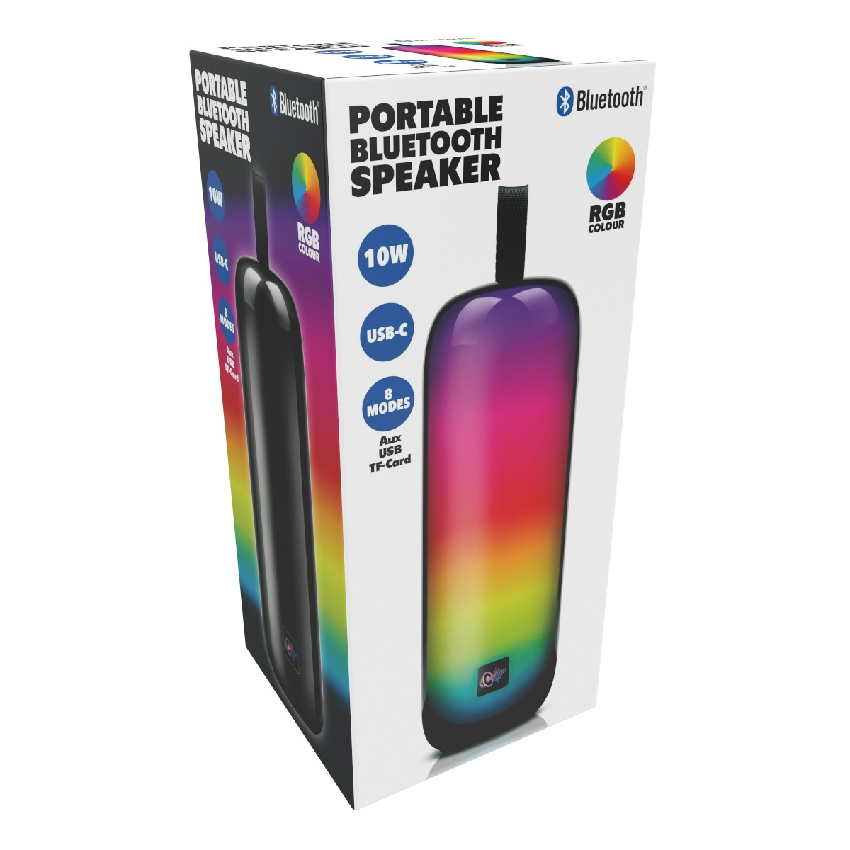 Box of a portable Bluetooth speaker with RGB colors, 10W, USB-C, 8 modes.