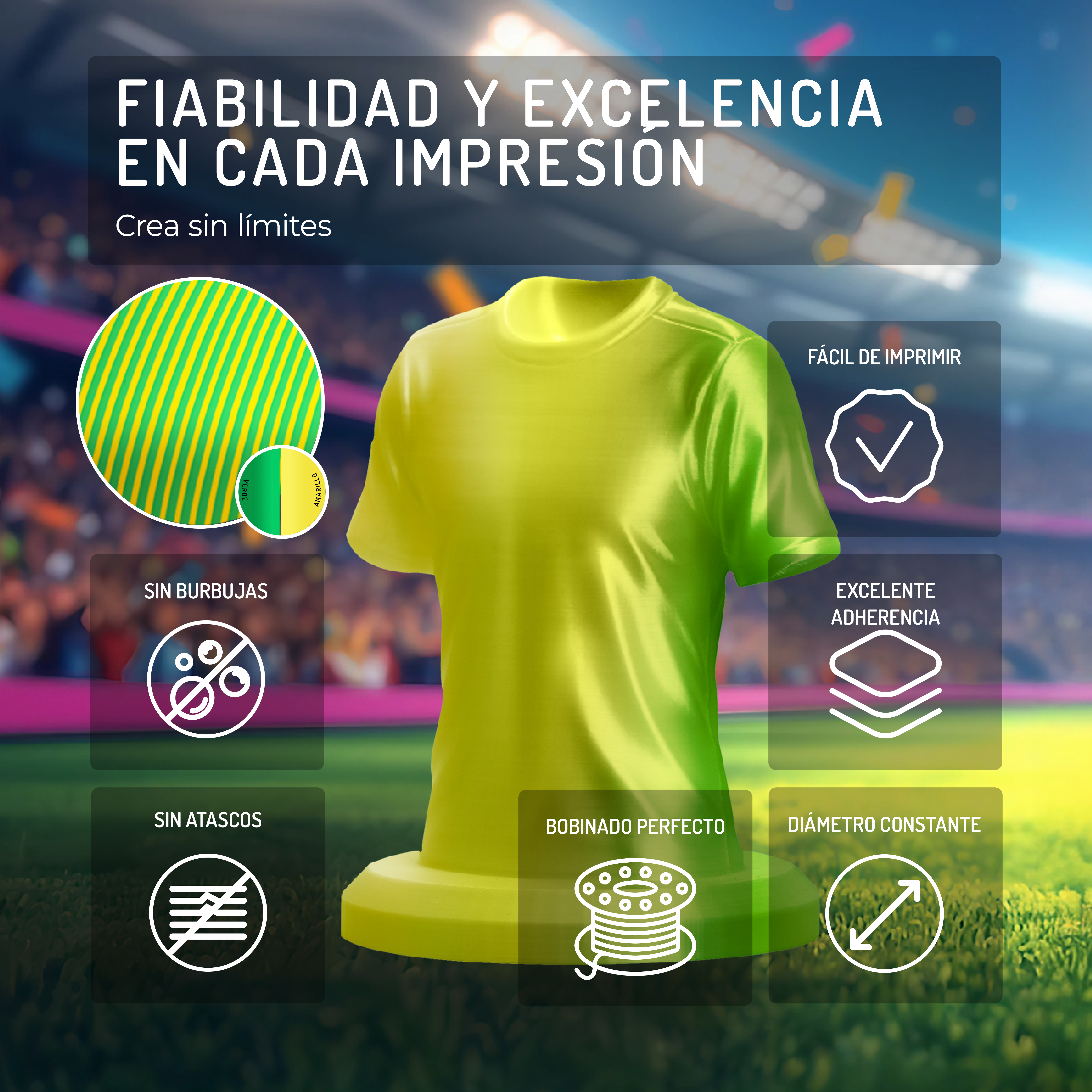 Una camiseta amarillo-verde se anuncia con íconos de calidad de impresión.