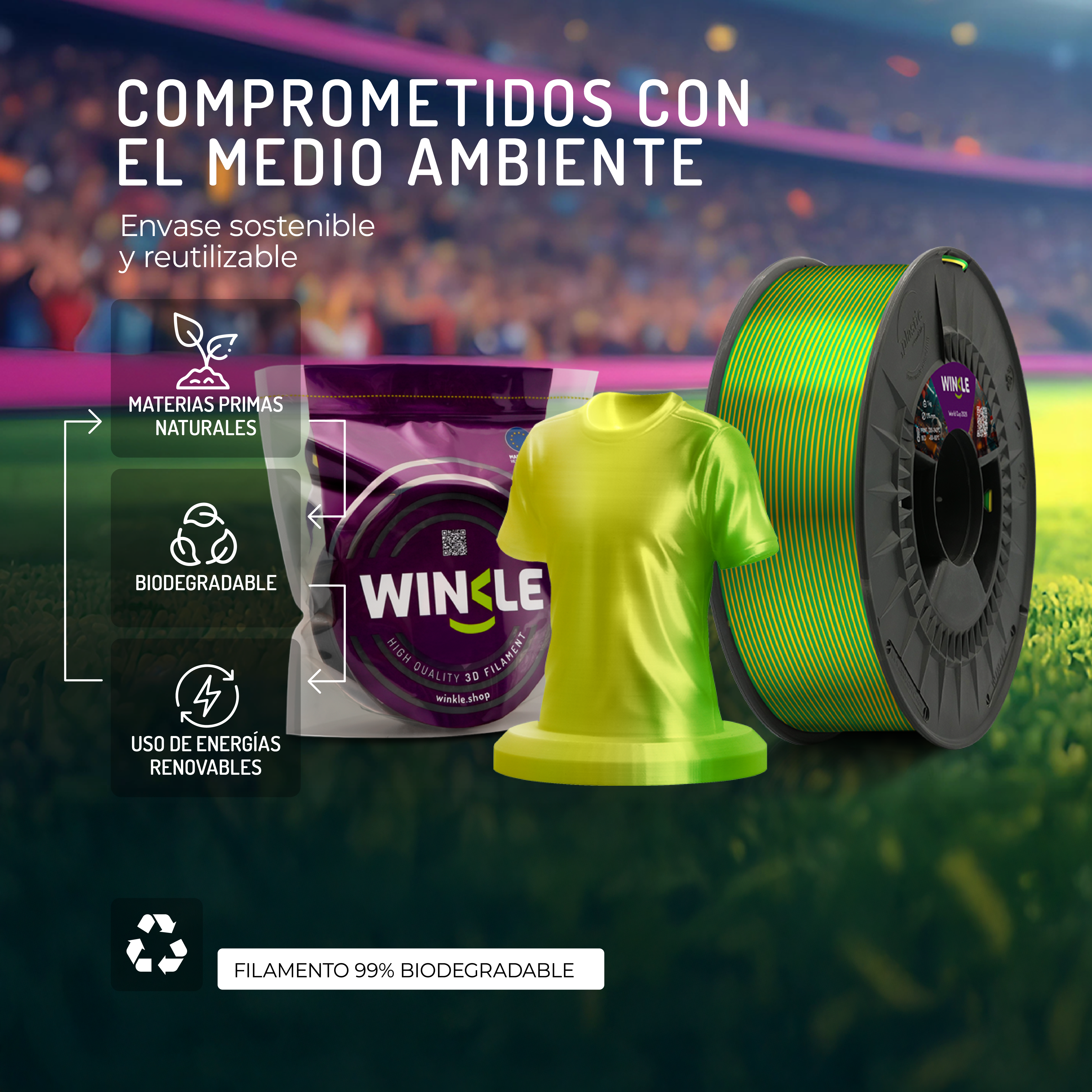 Carrete de filamento 3D verde con texto e iconos ecológicos.