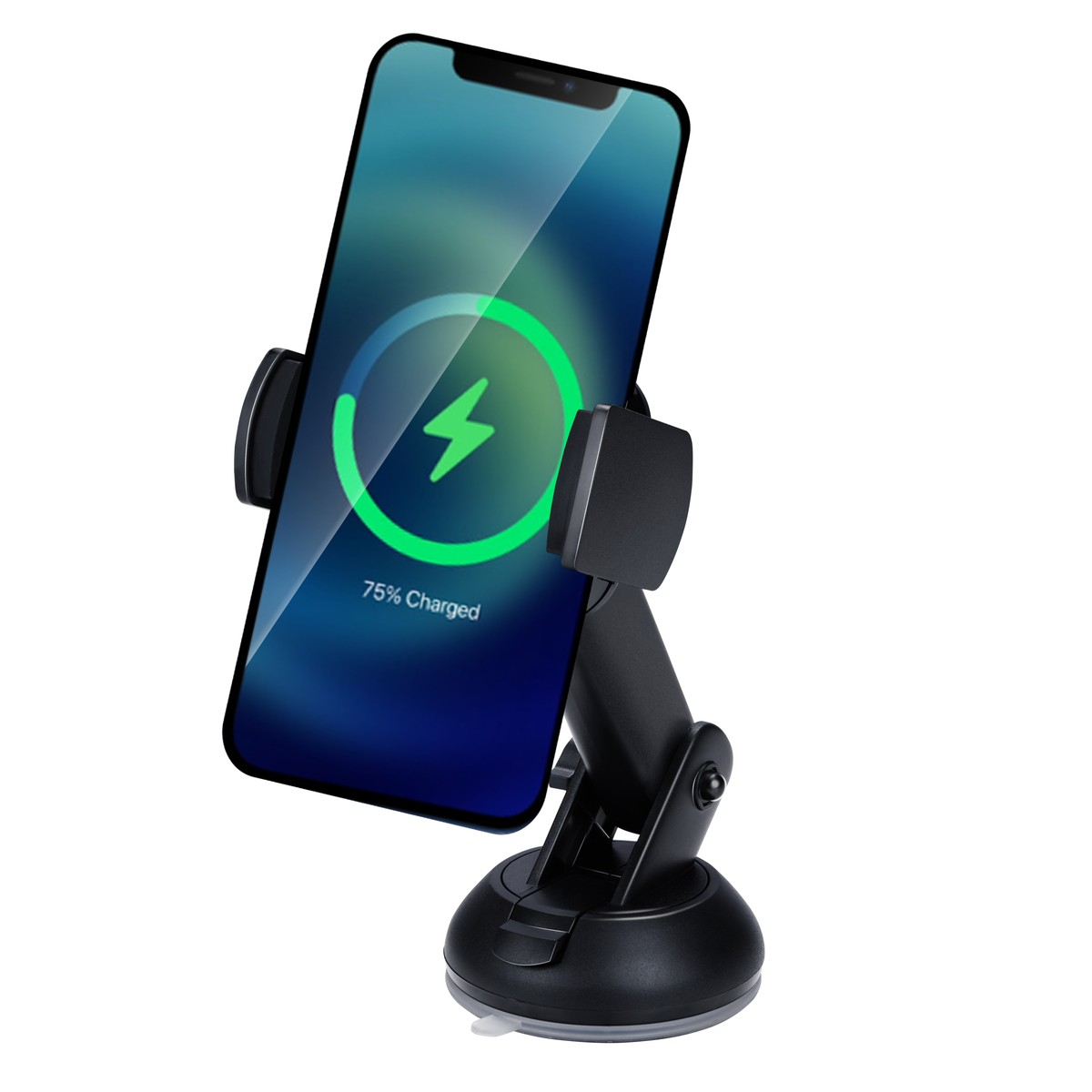 Support de téléphone noir avec charge, affichant 75% chargé.