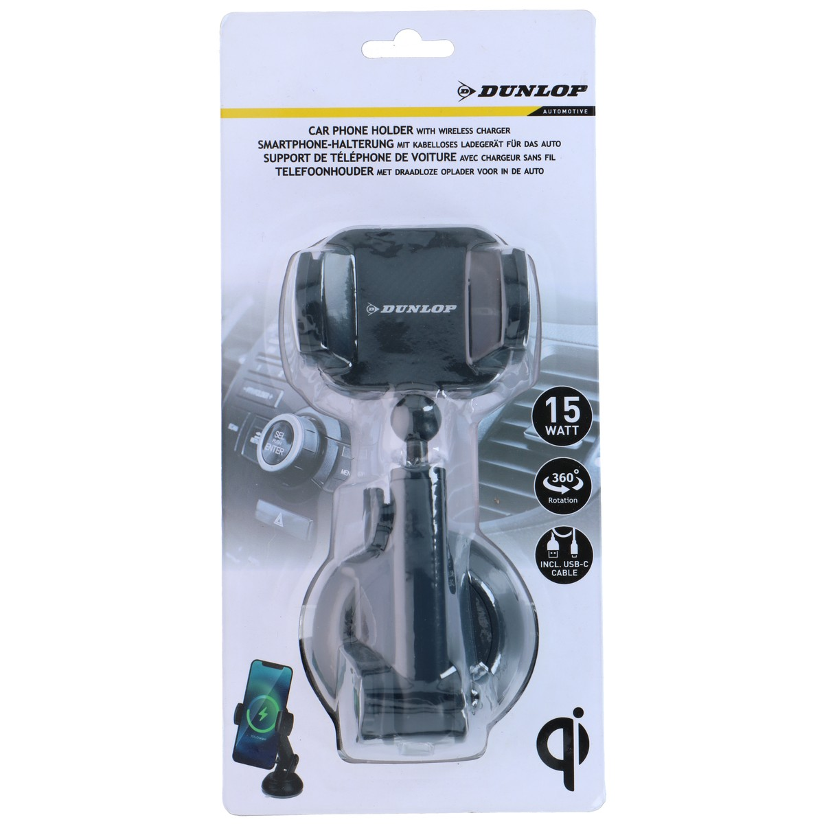 Support de voiture Dunlop avec chargeur sans fil 15W et câble USB-C.