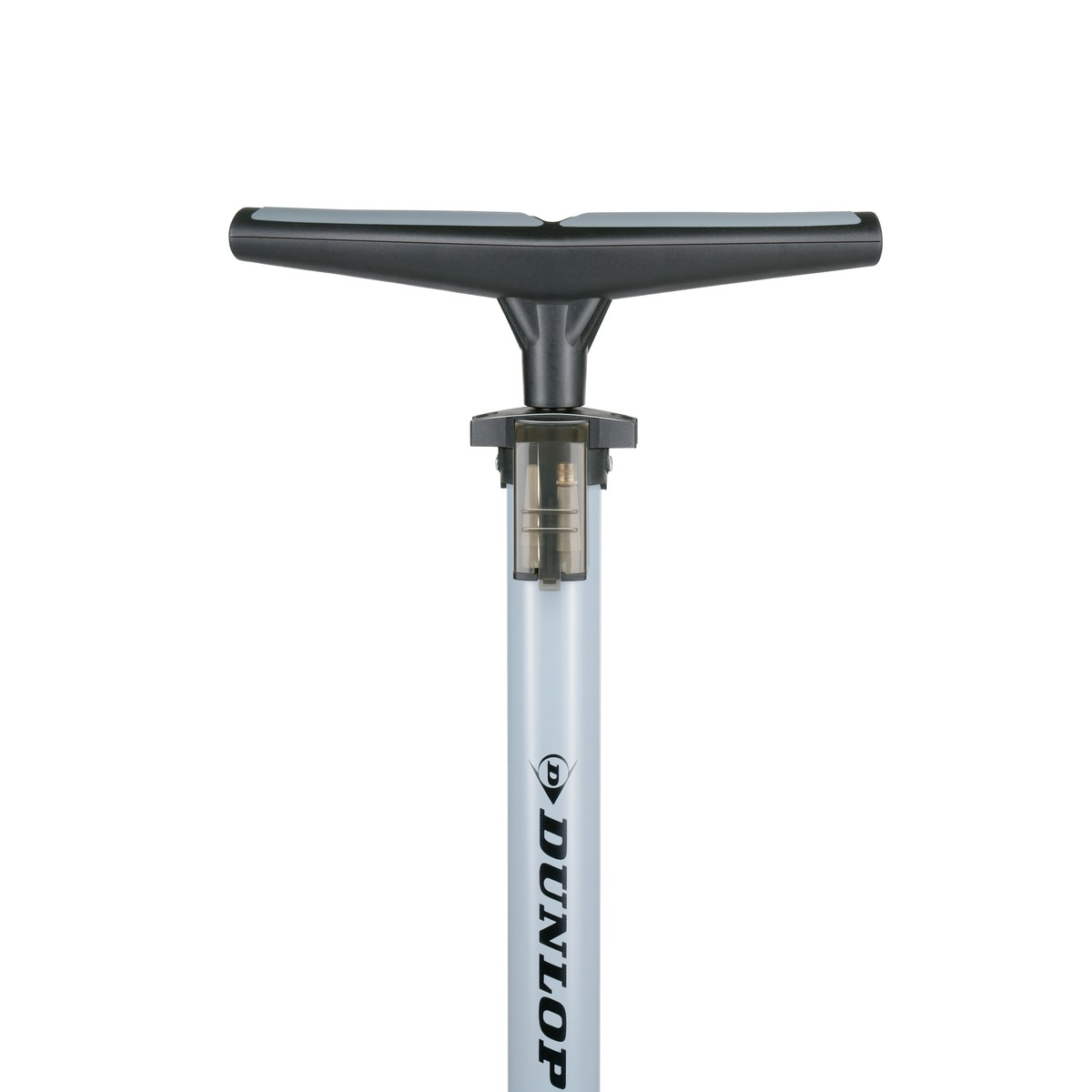 A silver Dunlop bicycle pump with a black T-handle.