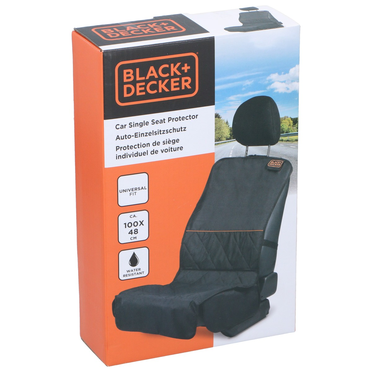 Boîte de protège-siège de voiture noir BLACK+DECKER avec dimensions.