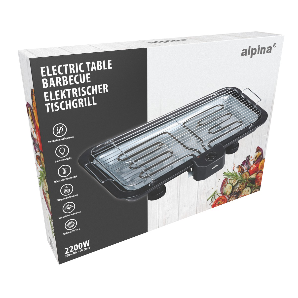 Elektrische tafelgrill met gegrilde etenswaren en productinformatie op de doos.