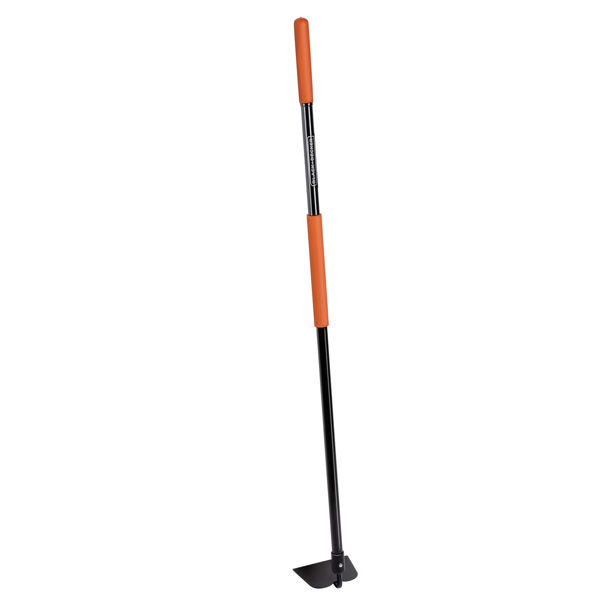 Black and Decker garden hoe with orange grips and a metal blade.