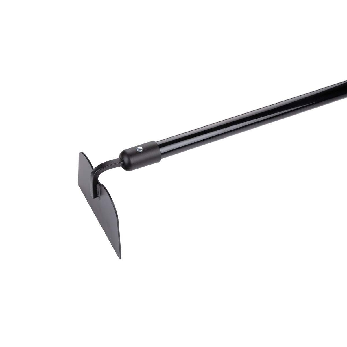 Black hoe with a long handle on a white background.