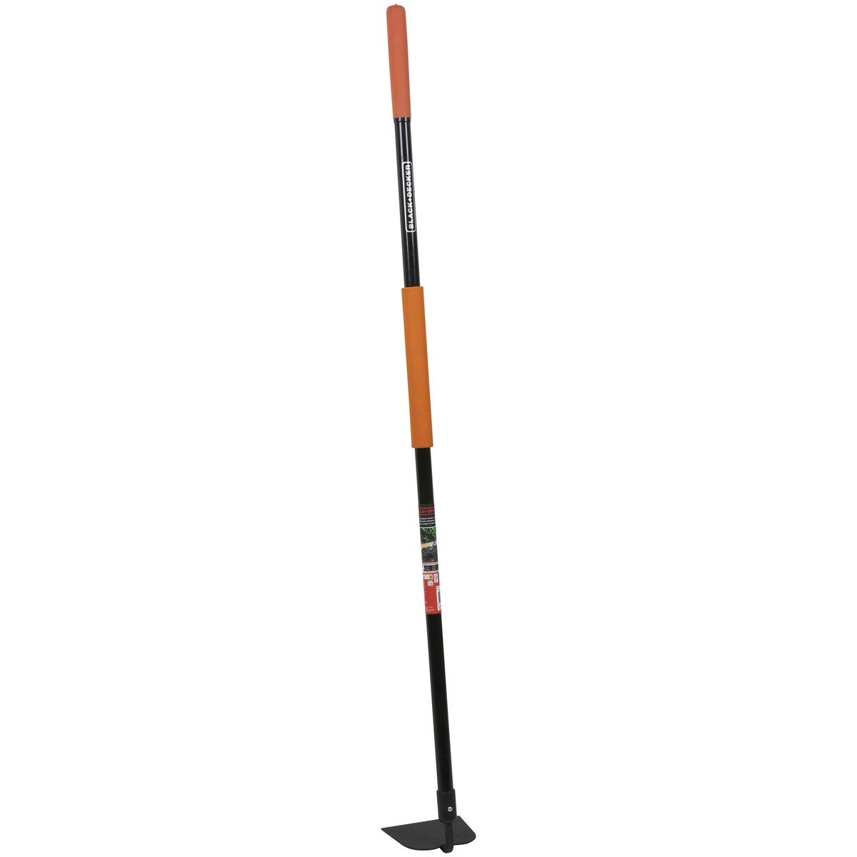 A black hoe with orange grips and a black blade.