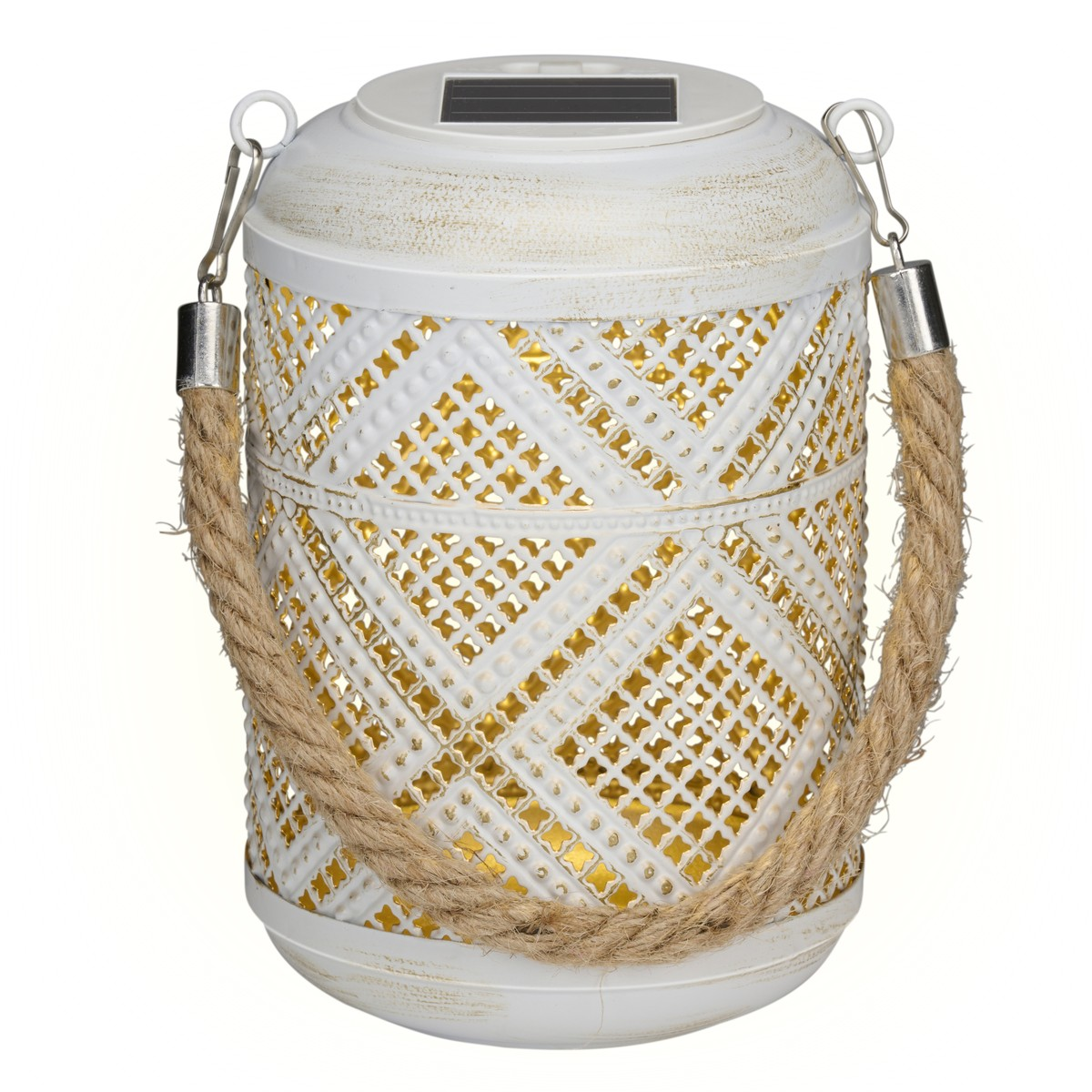 White lantern with rope handle and solar panel, gold patterned lighting.