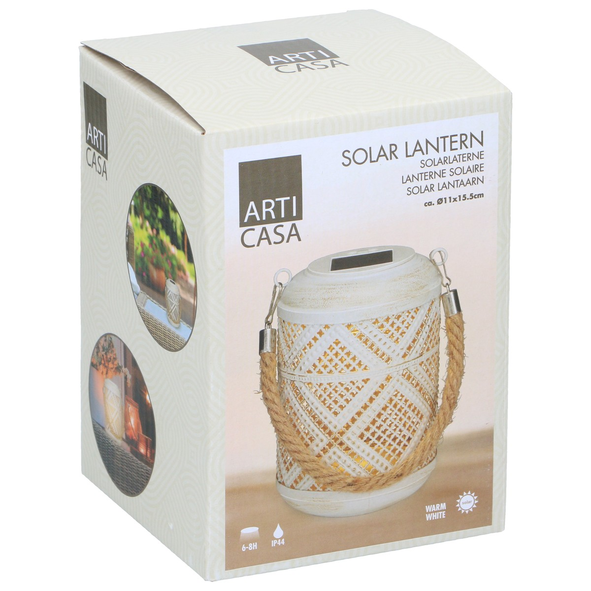 Packaging of a white solar lantern with rope handle and geometric pattern.
