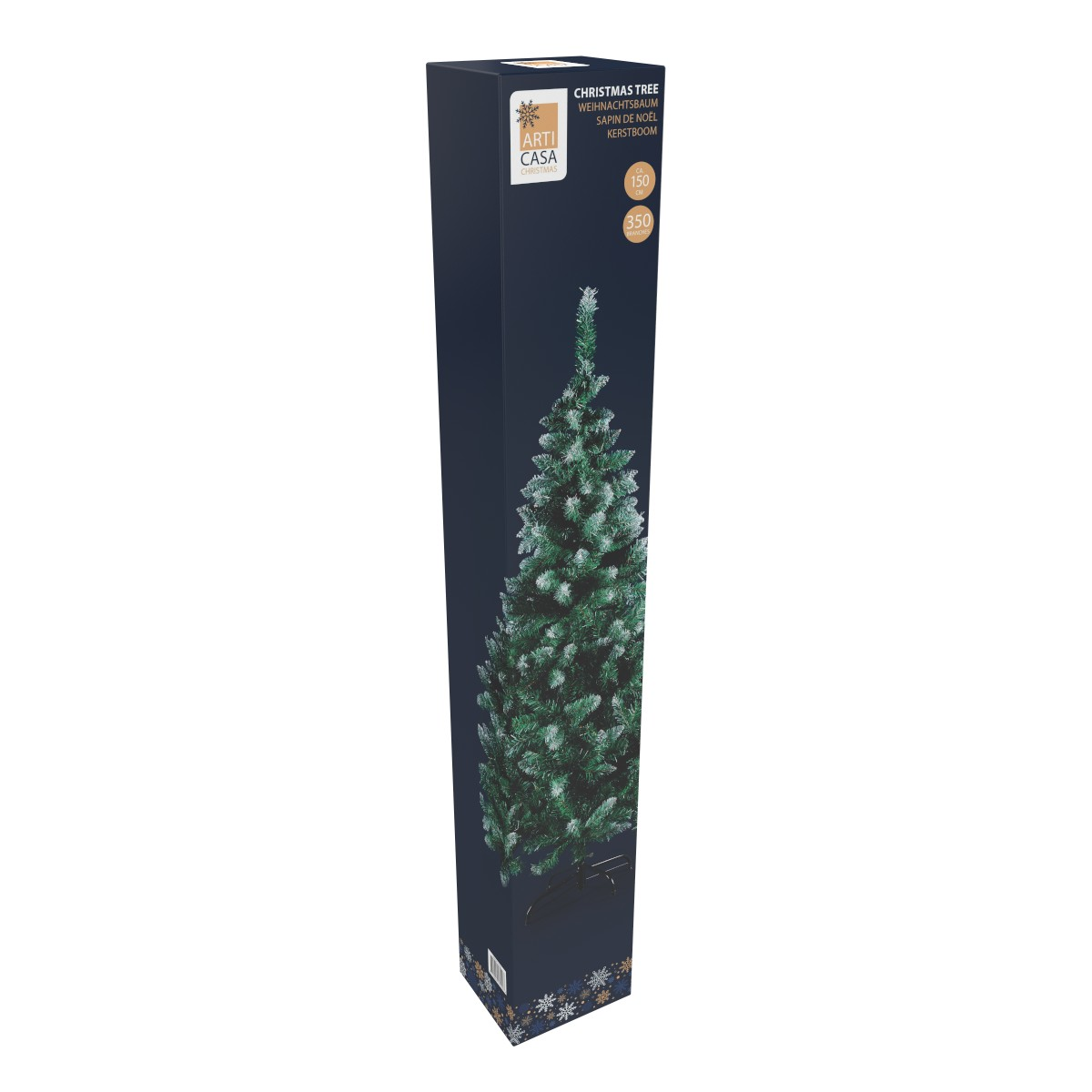 Boxed artificial Christmas tree with snowflake design and size indications.