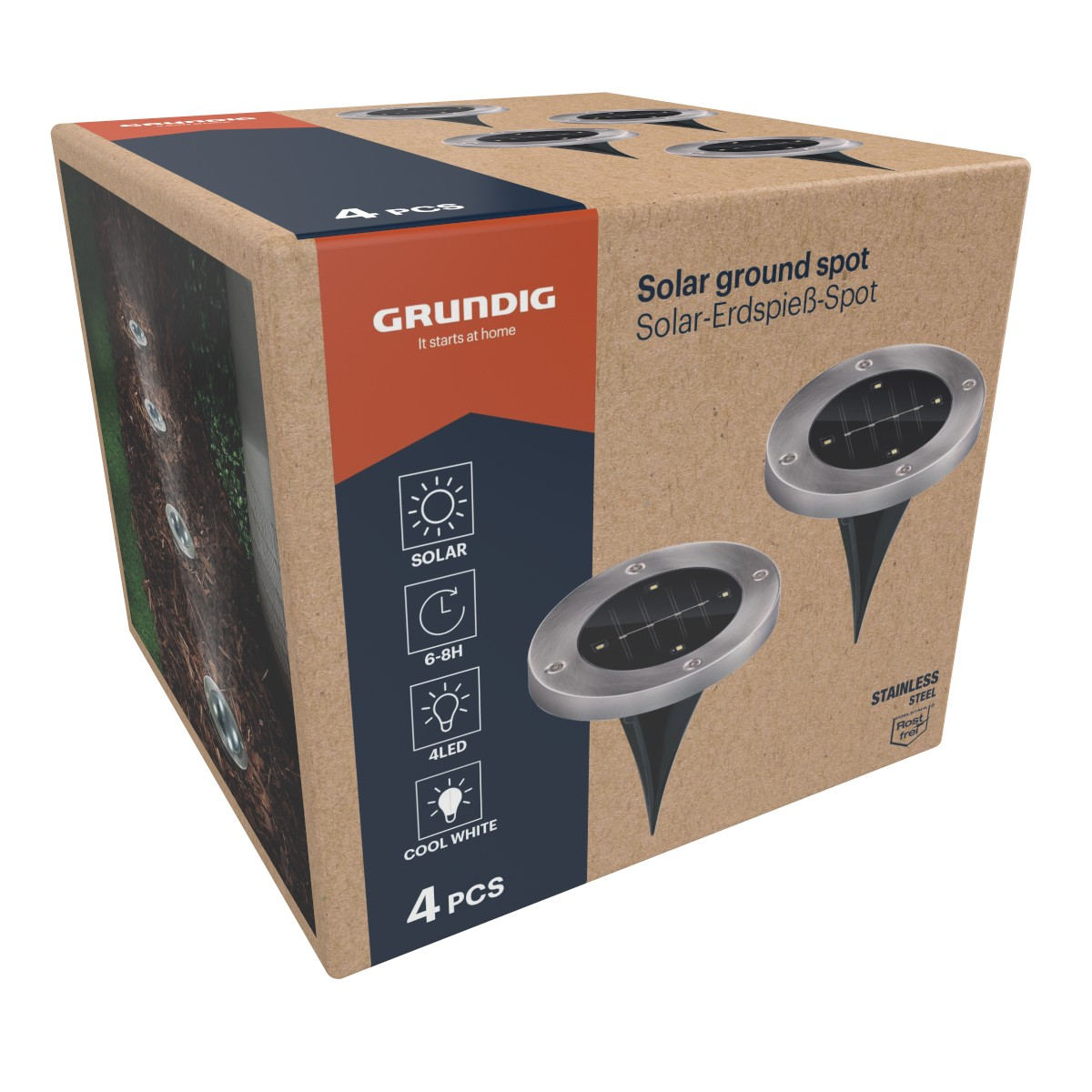 A box of four Grundig solar ground spots, made of stainless steel, for outdoor use.