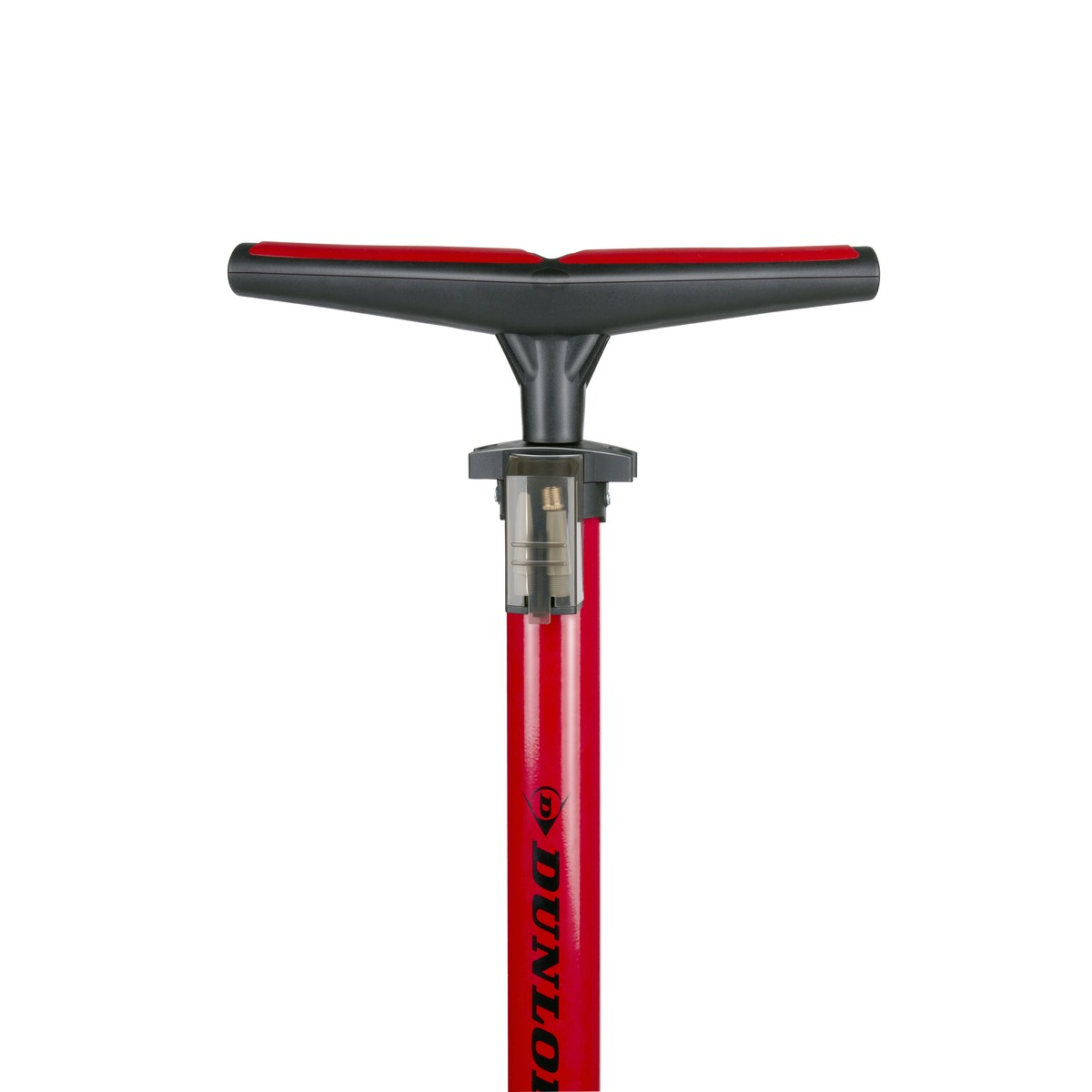 Red bicycle pump handle with black T-grip and Dunlop logo.