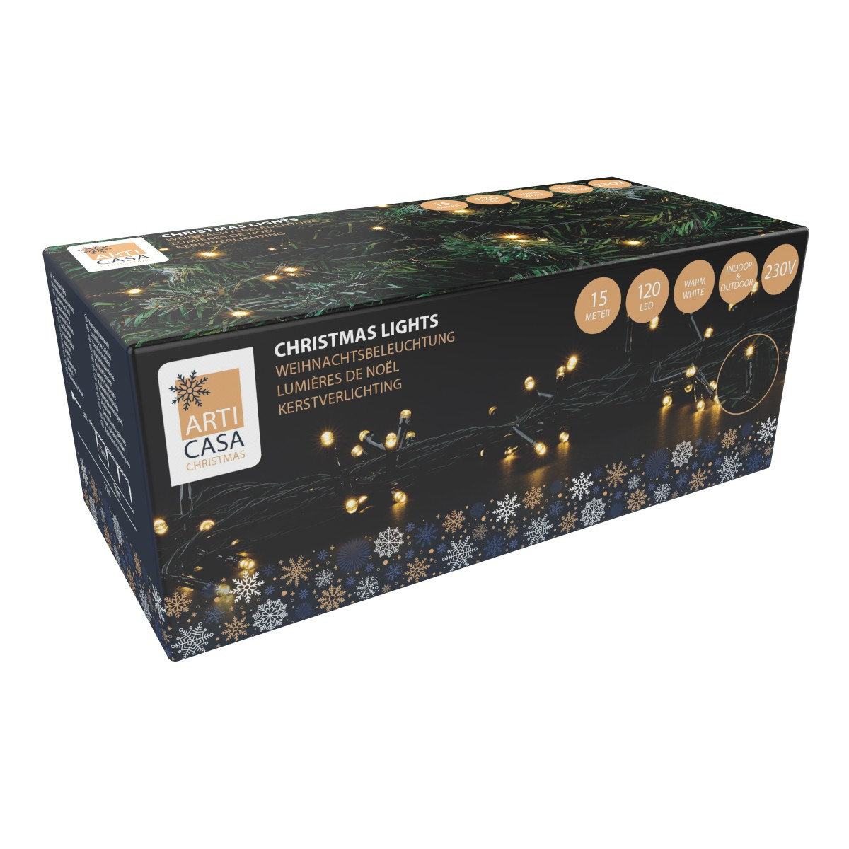 Box for 15m warm white LED string lights, 120 LEDs, indoor/outdoor use.