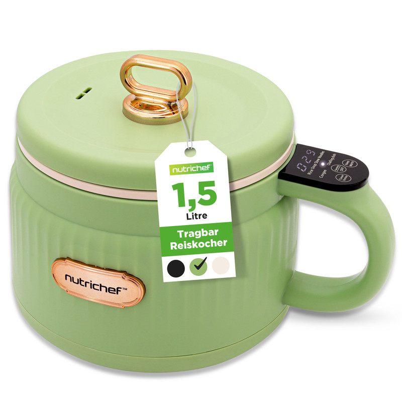 Grüner Reiskocher mit digitalem Display und Anhänger, der 1,5 Liter Kapazität angibt.