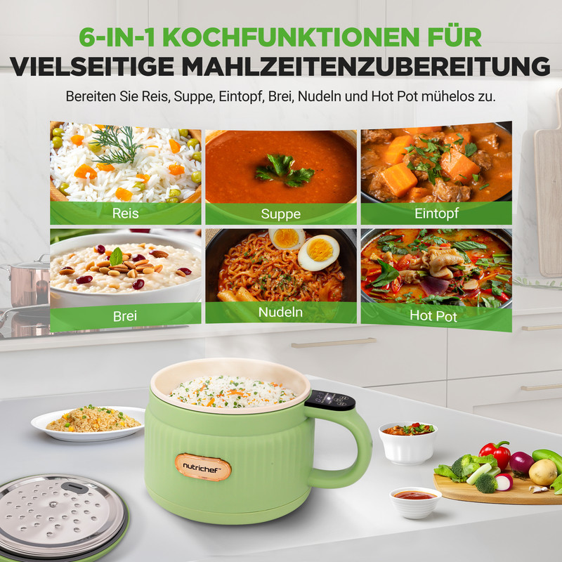 Ein grüner Kocher mit Reis und Beilagen, der 6 Kochfunktionen anzeigt.