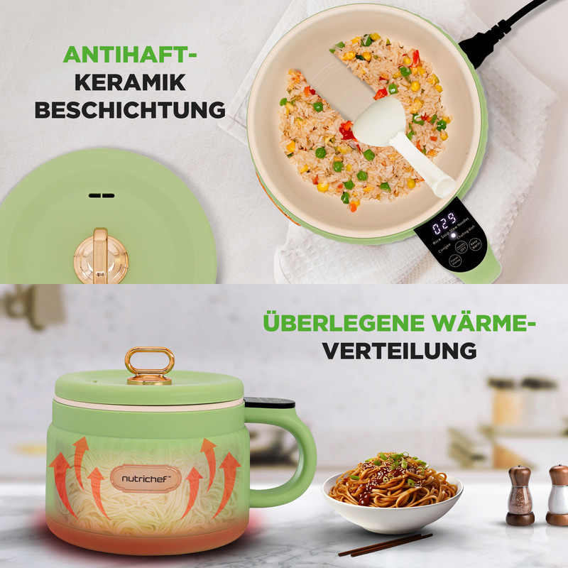 Grüner Kochtopf mit Kochgeschirr und Beilagen, die Wärme verteilen.
