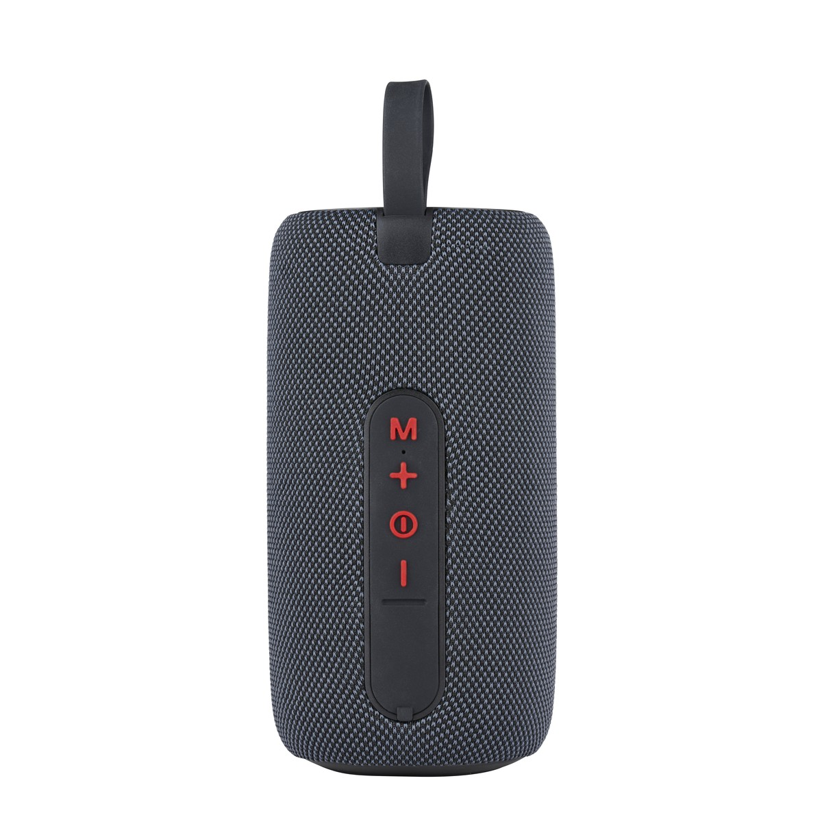 A gray fabric portable speaker with red control buttons on a white background.