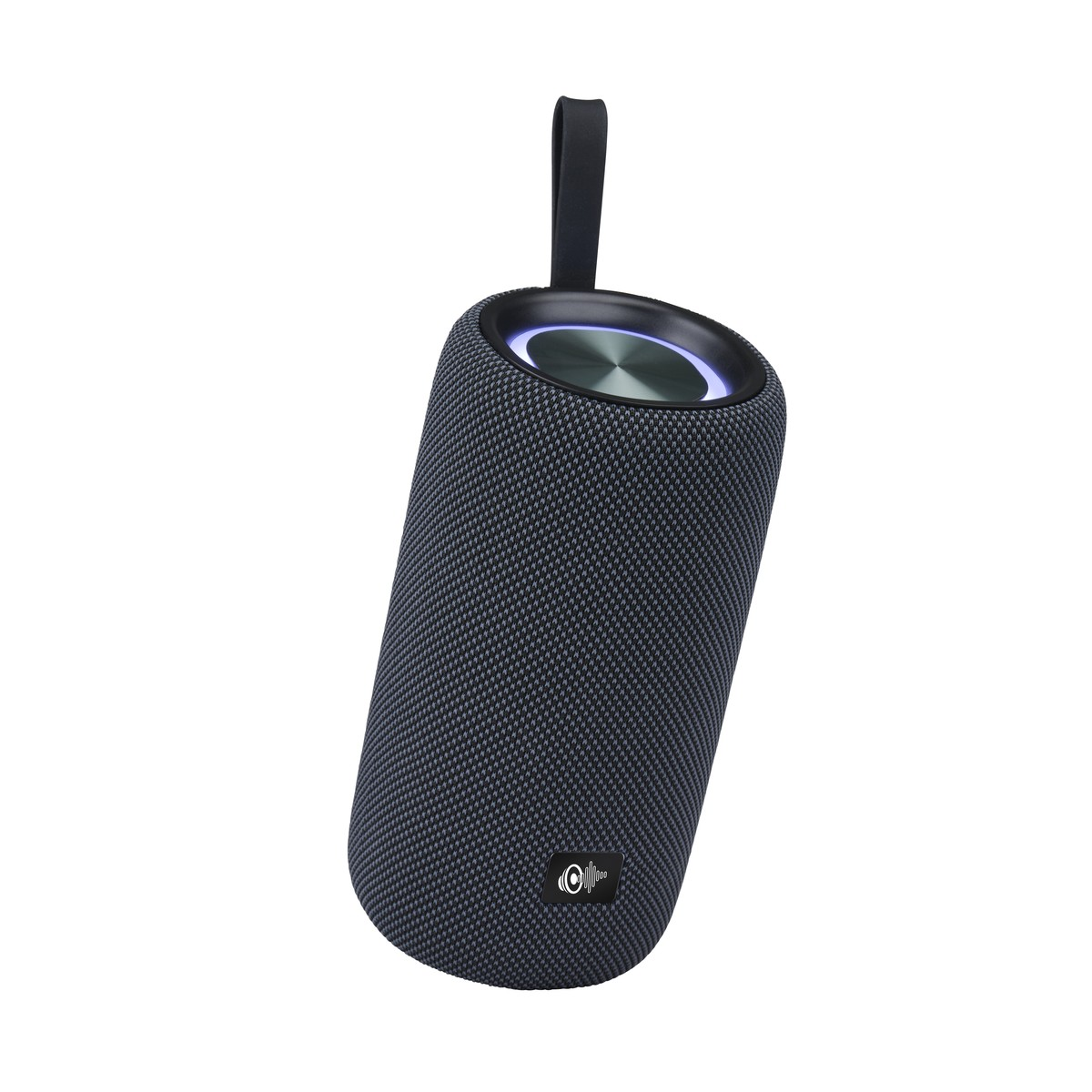 A black, cylindrical speaker with a top loop and blue LED lighting.