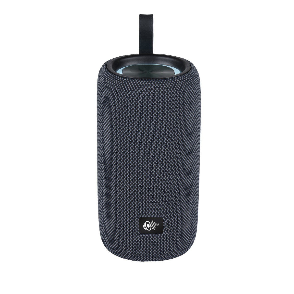 A dark cylindrical speaker with a handle and a logo.