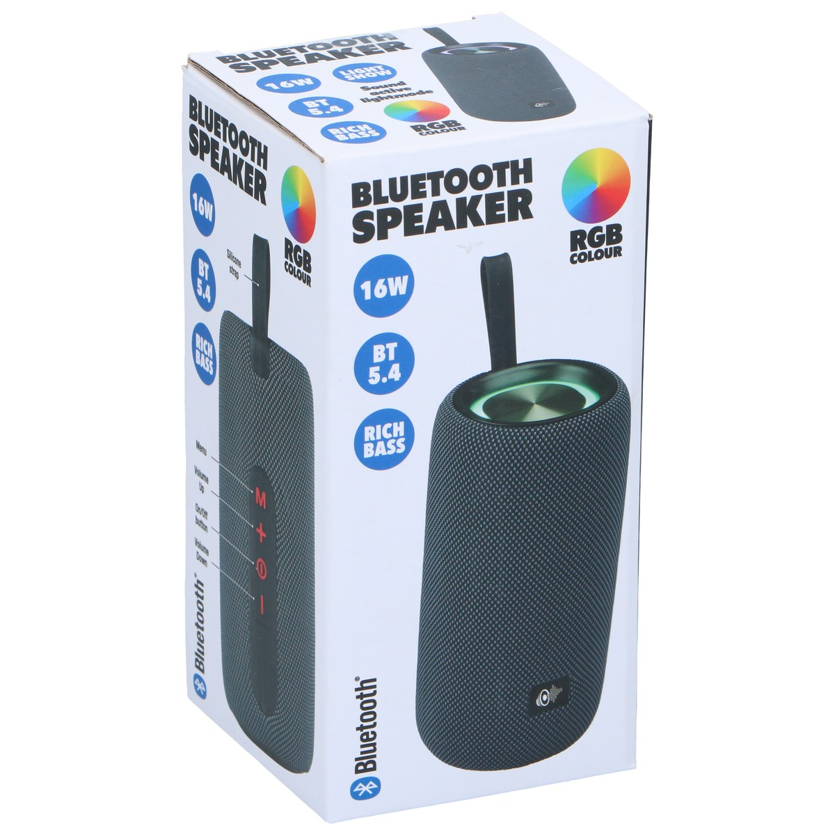 A Bluetooth speaker box with details on power, color, and connectivity.