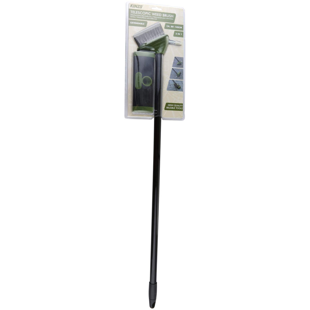 A green and black telescopic weed brush set with an extendable handle.