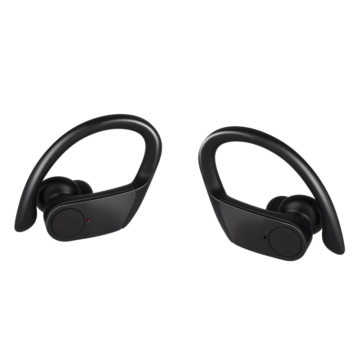Due auricolari wireless neri con ganci auricolari su sfondo bianco.