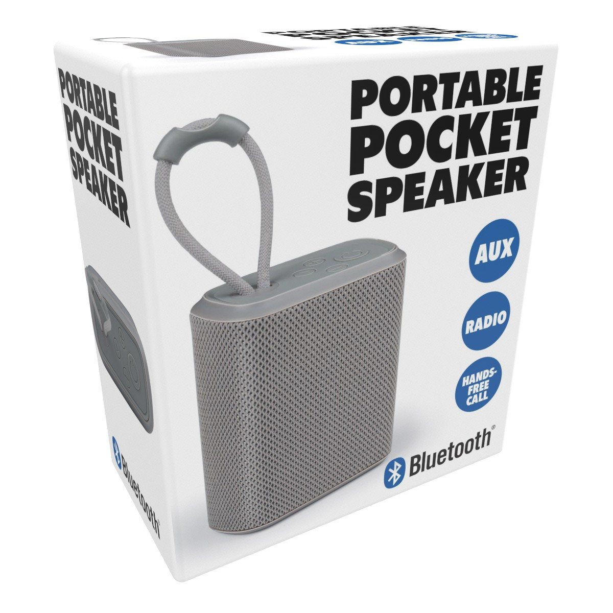 Gray portable pocket speaker on box with text: AUX, RADIO, HANDS-FREE CALL, Bluetooth.